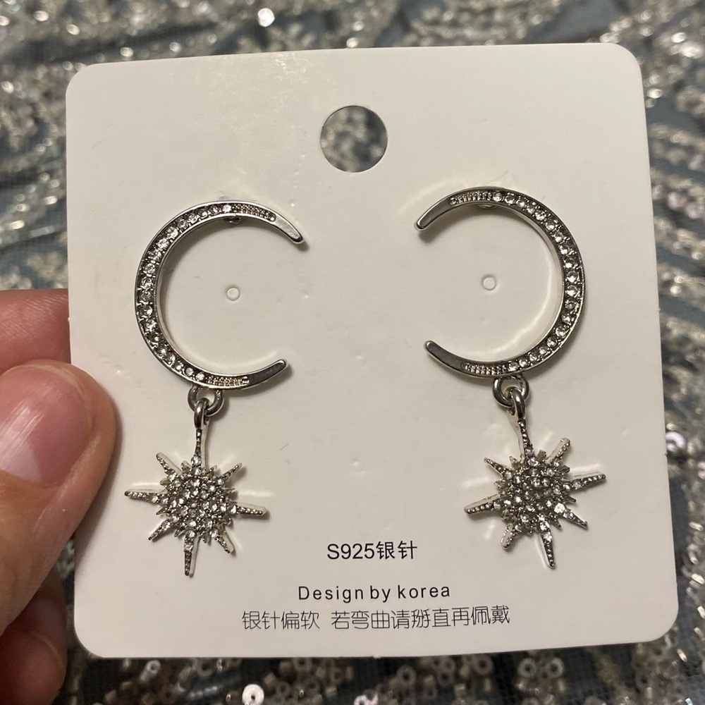 Silver Star Crescent Earrings